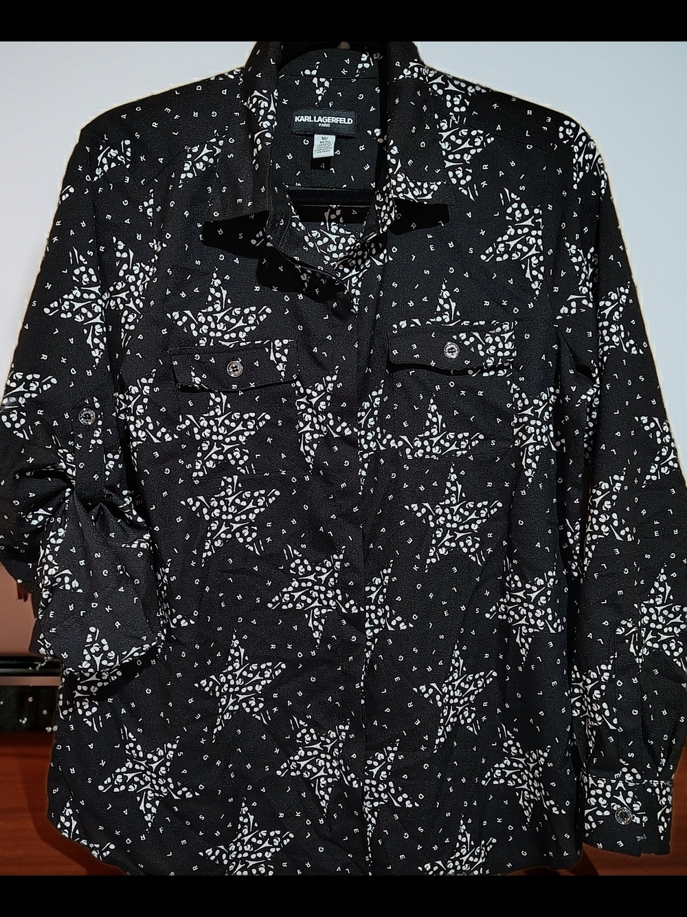 Karl Lagerfeld Paris Black White Logo Print Button Front Blouse Shirt Women's M